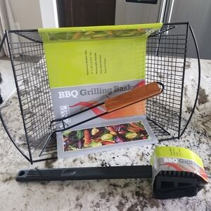 BBQ Barbecue Grill Basket and Grill Brush